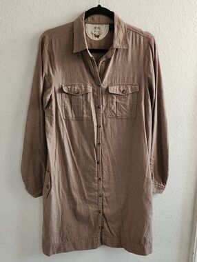 MNG by Mango Herringbone Cotton Shirt Dress Utility Safari Taupe Brown XL